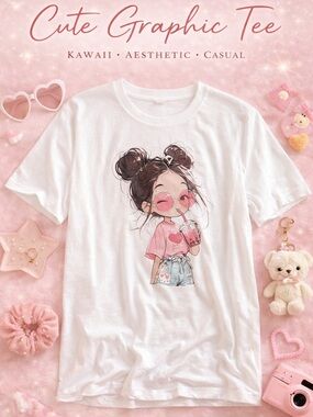 Cute Graphic Tee Girl Boba Drink Pink Aesthetic Kawaii Casual T-Shirt Size M